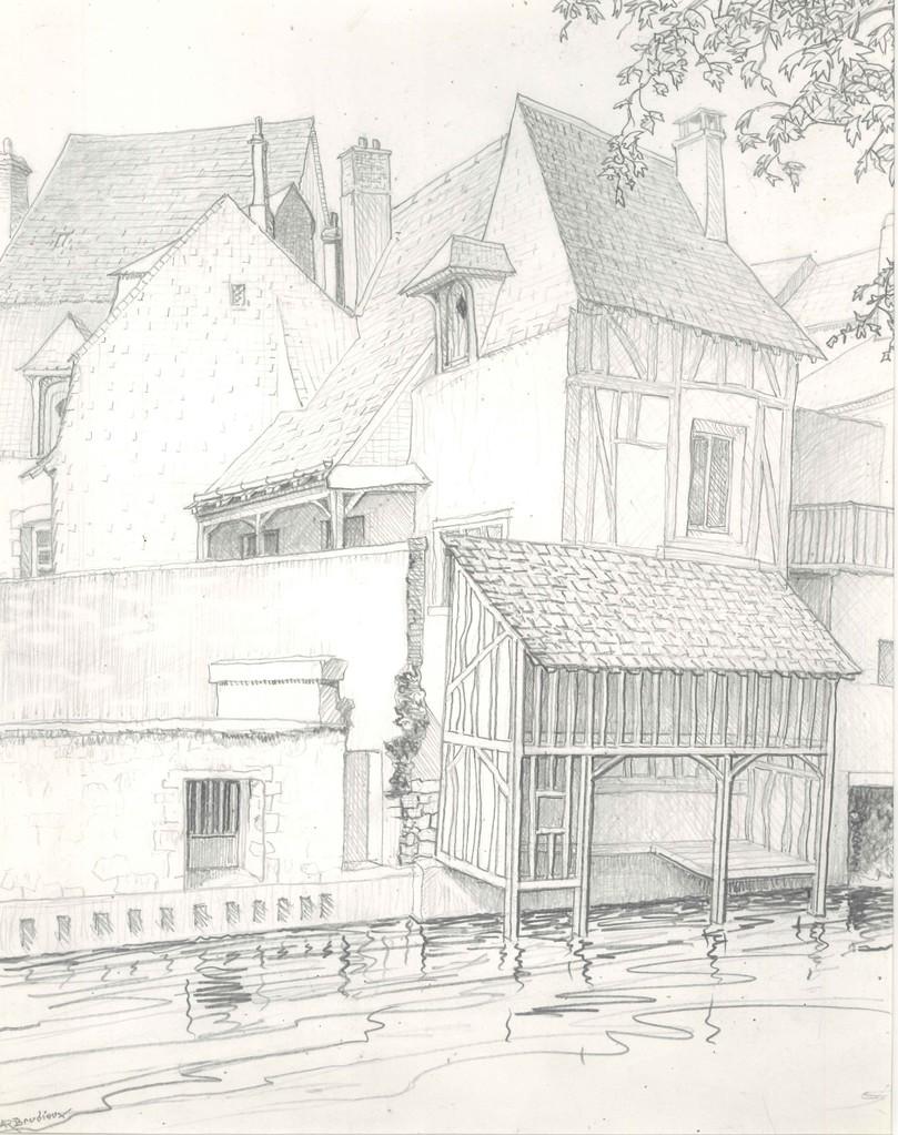 André Roland Brudieux Landscape Art - Architectures in Vendôme - Original Pencil Drawing by A. R. Brudieux - 1960s