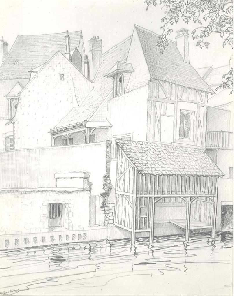 Arquitecturas en Vendôme - Dibujo original a lápiz de A. R. Brudieux - Años 60