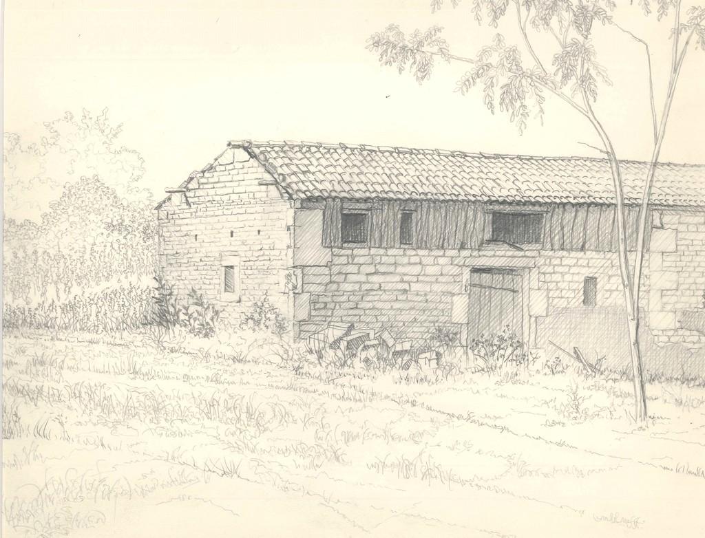 House in the Countryside - Original Pencil Drawing by A. R. Brudieux - 1960s
