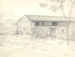 House in the Countryside - Original-Bleistiftzeichnung von A. R. Brudieux – 1960er Jahre