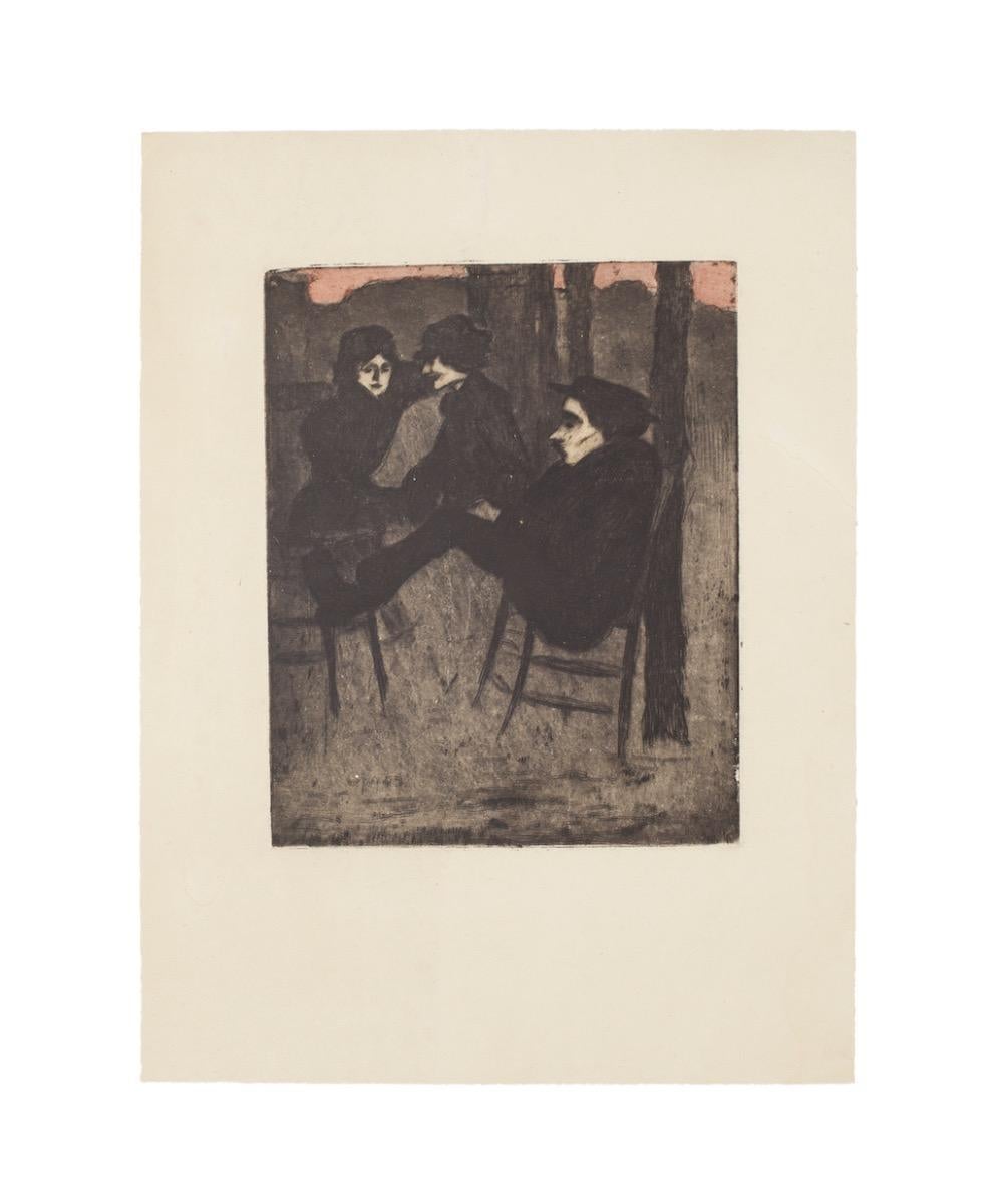 The Meeting is an original etching on paper realized in 1930 by Aldo Borgonzoni (1913-2004).

The state of preservation of the artwork is very good.

The artwork represents an impressive scenery of figures in dark, happy meeting for women and