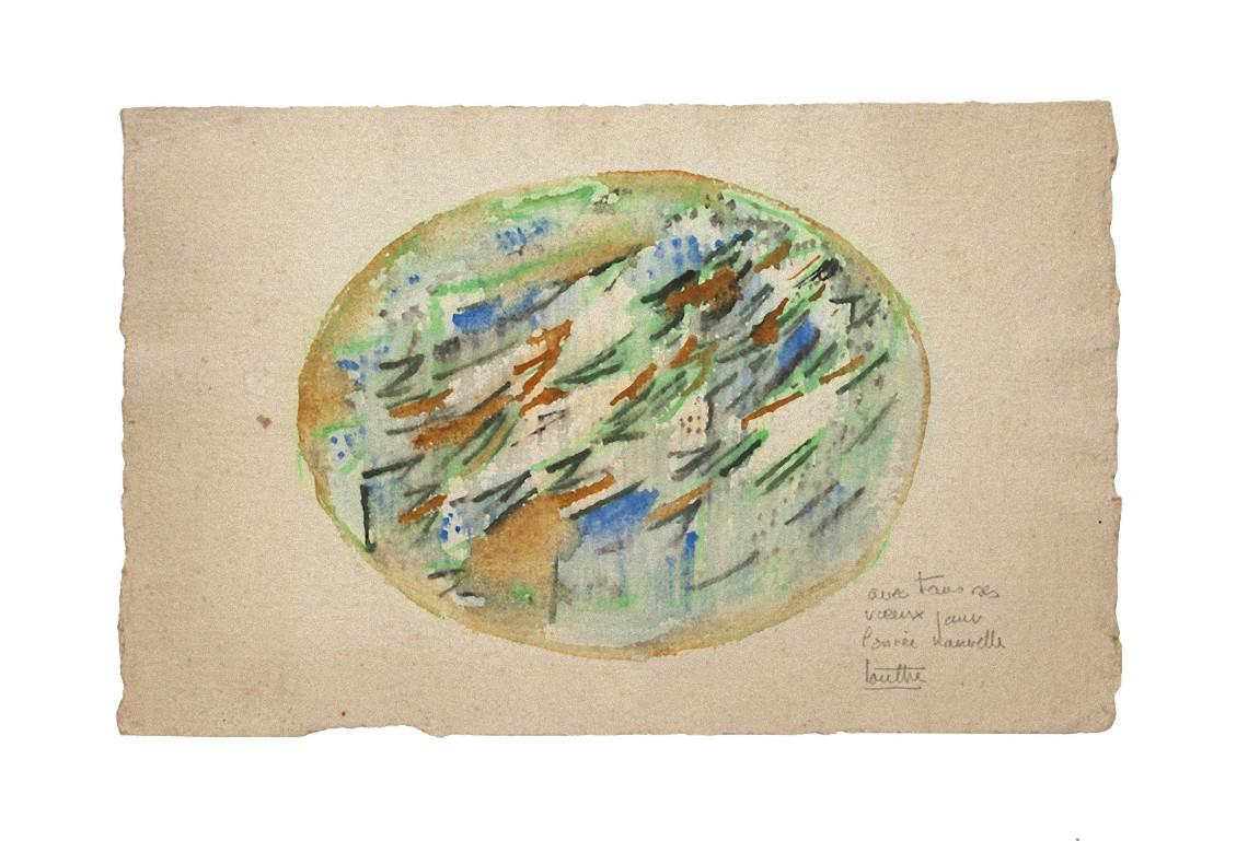"Abstract Composition" is an original drawing in watercolor on paper, realized in 1950 by Jean Louttre. (1926)
Hand-signed and Dated on the lower right.
The state of preservation of the artwork is good and aged.

The artwork represents beautiful