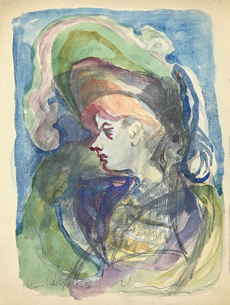 Portrait - Crayon et aquarelle sur papier de Mino Maccari - 1955