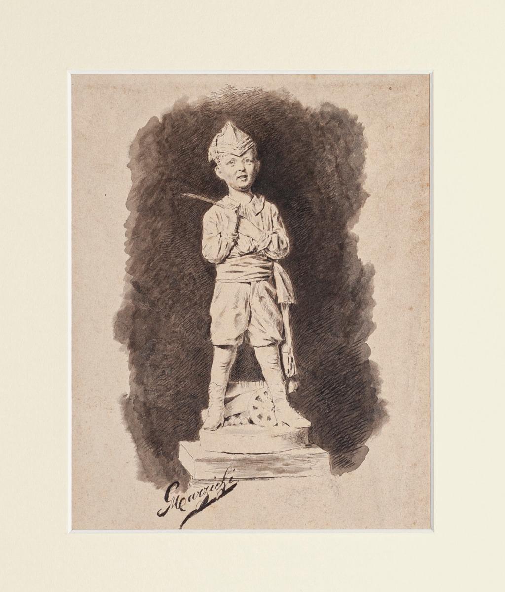 Figurative Art Unknown - Le soldat du jouet - Encre et aquarelle signées "Marzichi" - Début du 20e siècle