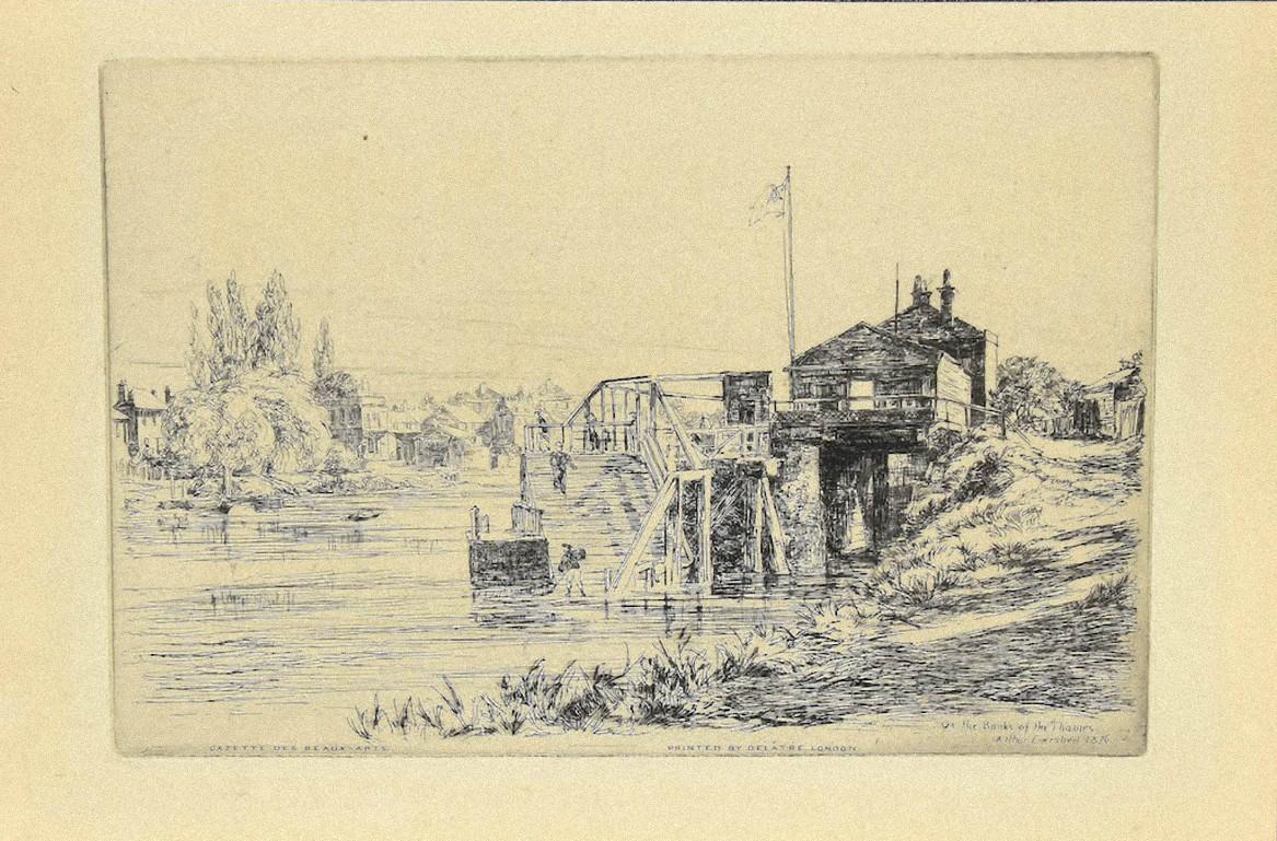 On the Bank of Thames - Original Etching on Paper by Arthur Evershed - 1876