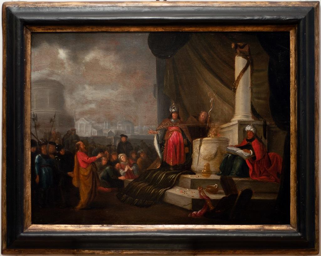 L'adoration du veau d'or est une œuvre d'art moderne originale réalisée par Jacob Willemsz I de Wet (Haarlem, vers 1610 - entre 1675 et 1691) dans la moitié du XVIIe siècle.

Peinture à l'huile originale sur bois. 

Dimensions : 45 x 62 cm.

Bois