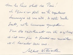 Message d'Albert Willemetz à la comtesse Anna-Laetitia Pecci-Blunt - 1963