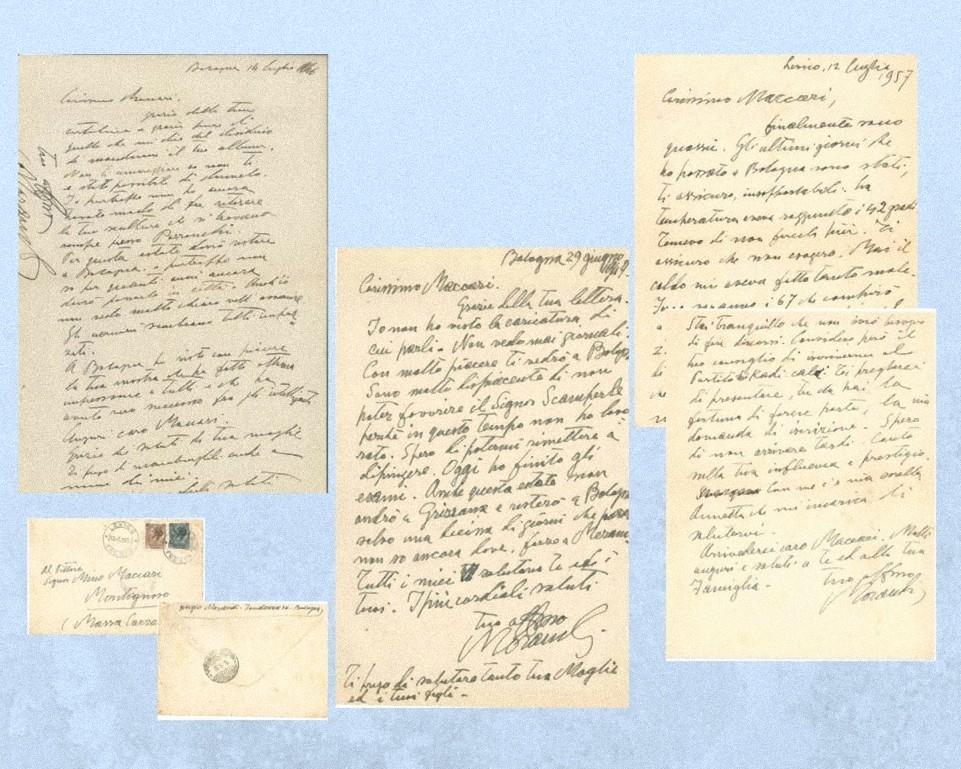 L'ensemble comprend 3 lettres autographes adressées au peintre Mino Maccari :

-L.A.S Bologna, 29 juin 1949, (28x22cm), parfait état

-L.A.S Bologna, 14 juillet 1946, (22x30cm), état parfait

-L.A.S Levico, 12 juillet 1957, (28x18cm) avec enveloppe