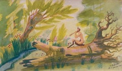 The Faun in the Woods - Original Watercolor and Tempera by Jean Delpech - 1944