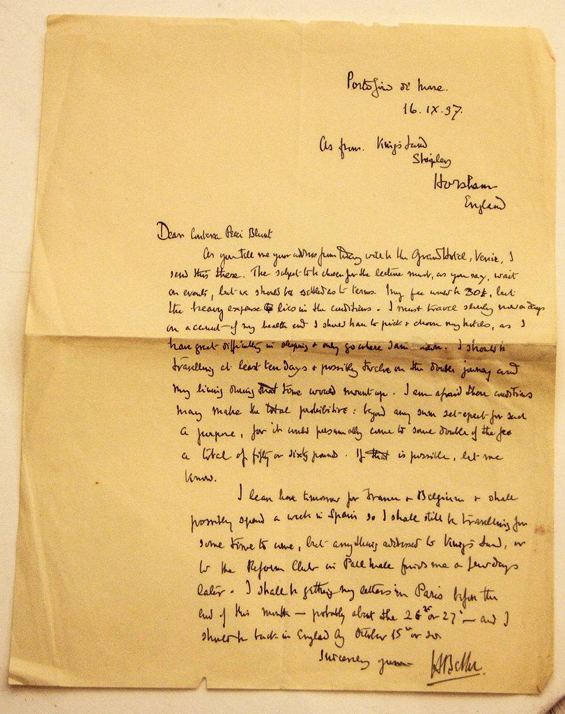 Letter from Hilaire Belloc to Countess Pecci Blunt from Portofino - 1937 - Art by Unknown