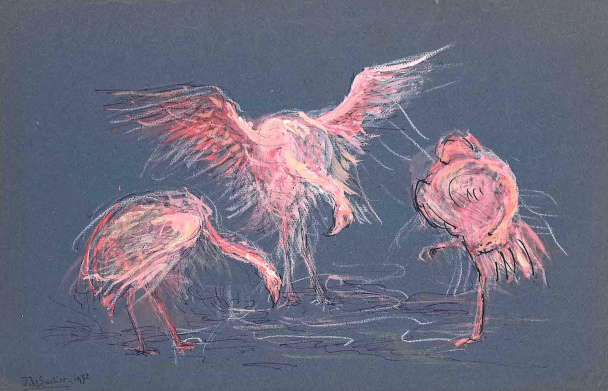 Unknown Animal Art - Pink Flamingos - Original Drawing - 1992
