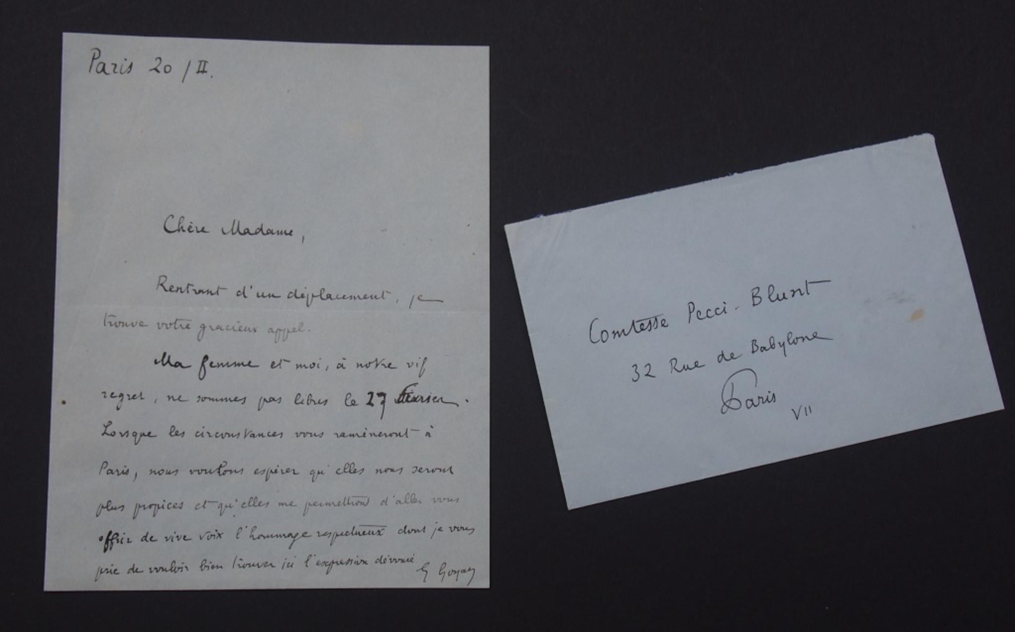 Dieses Autograph ist ein Entschuldigungsbrief von Georges Goyan an die Gräfin Pecci-Blunt.

Nicht datiert. Paris, 20/II. Etwa 1920-30er Jahre. Auf hellblauem Büttenpapier. Auf Französisch. Eine Seite, einseitig. Ausgezeichneter Zustand,