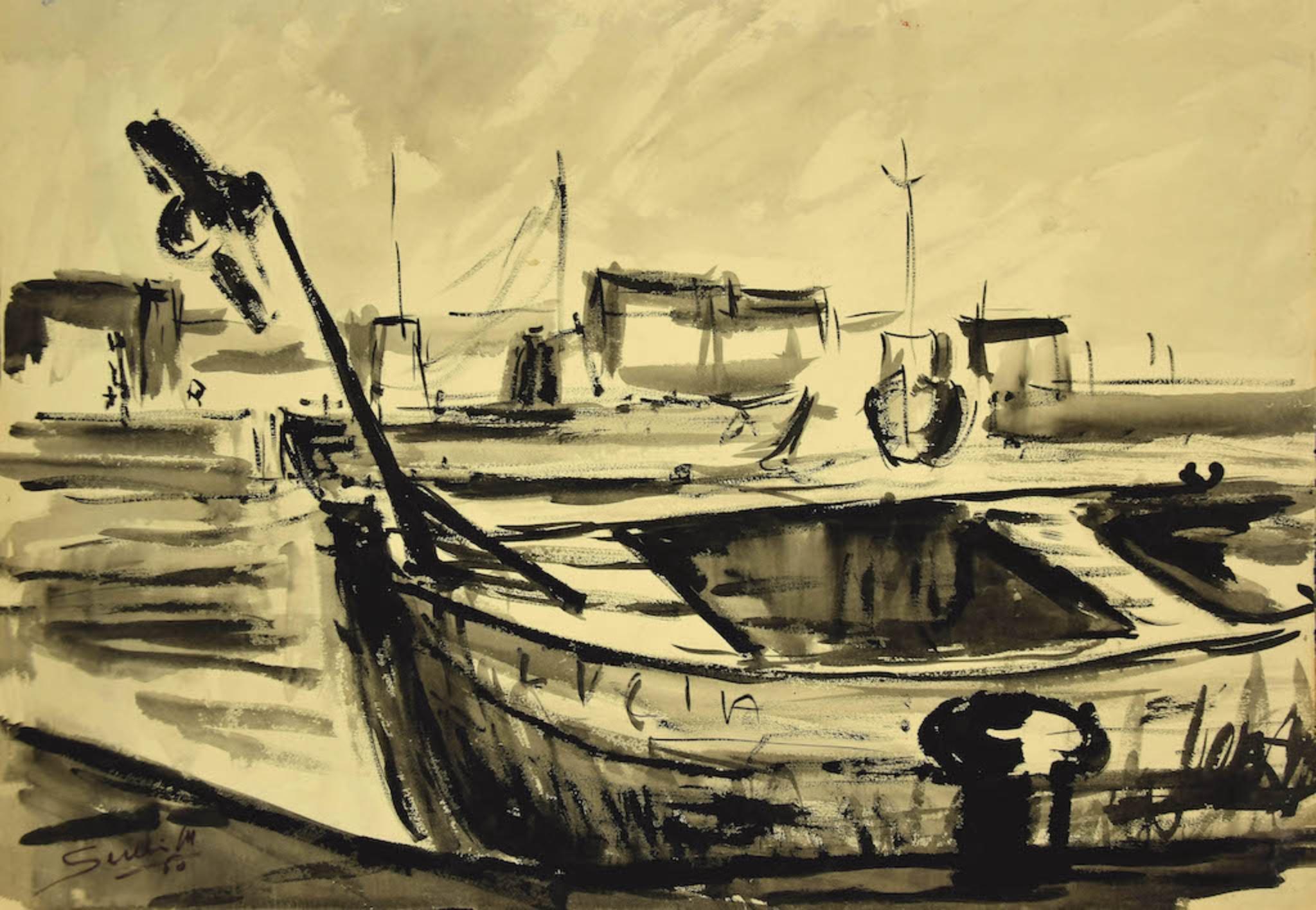 Boats -  China Ink and Watercolor by Luigi Surdi - Mid 20th century
