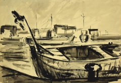 Bateaux -  Encre et aquarelle de Chine de Luigi Surdi - Milieu du XXe siècle