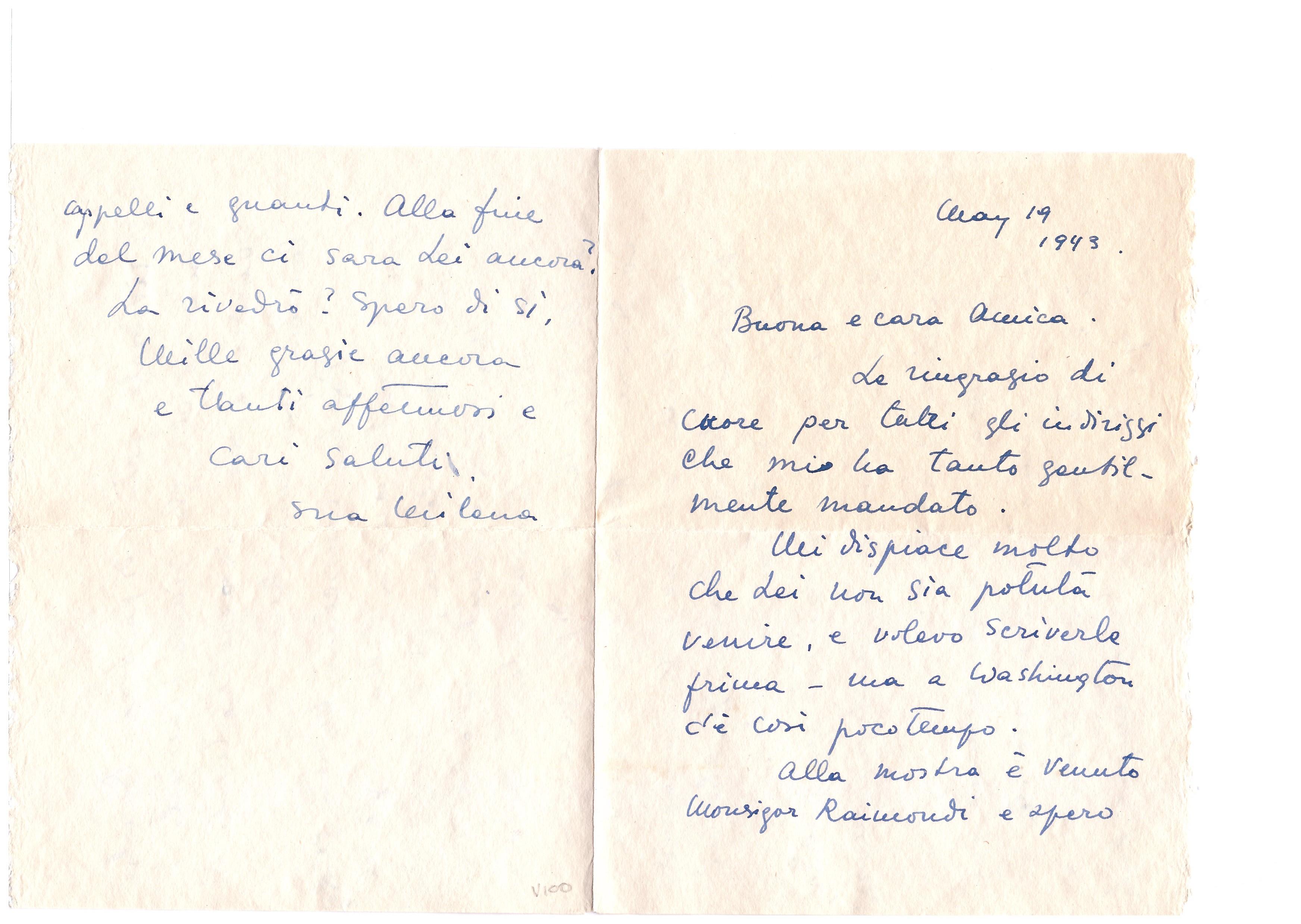 Deux lettres de Milena Barilli à la comtesse Pecci Blunt. 

La première est une pièce unique, plus une enveloppe incluse (dimensions 27 x 17 cm). 
L'autre est constituée de deux pièces plus une enveloppe incluse (dimensions 27 x 22 cm). A la fin du