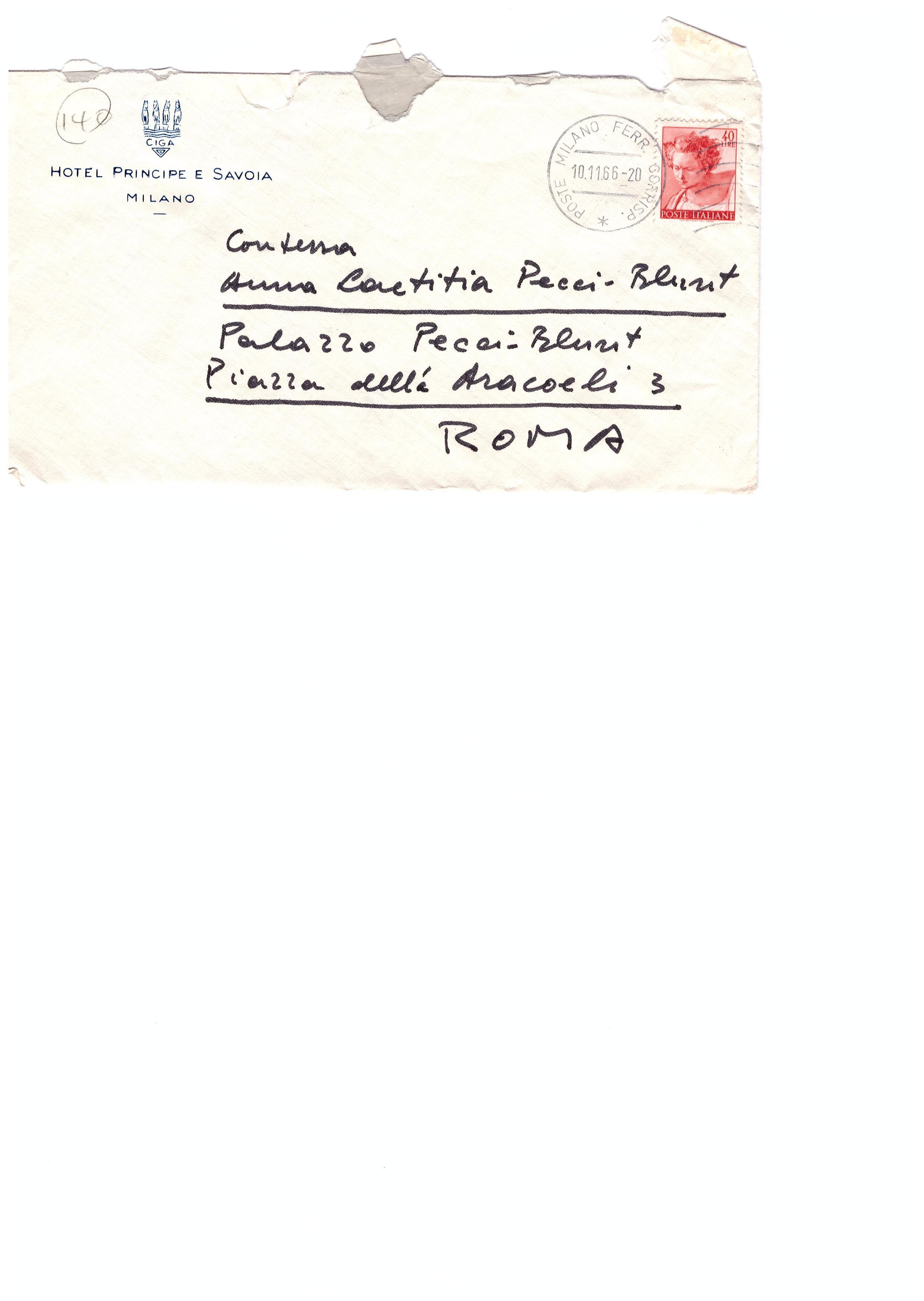 Correspondence by Romolo Valli to the Countess Mimi Pecci Blunt. The setincludes: 2 postcards signed (dated 1960 and 1963, dimensions 14,5 x 9,5 cm and 14 x 9 cm), a one letter signed (2 pages, envelope included, dated 1966, dimensions 24,5 x 16,5