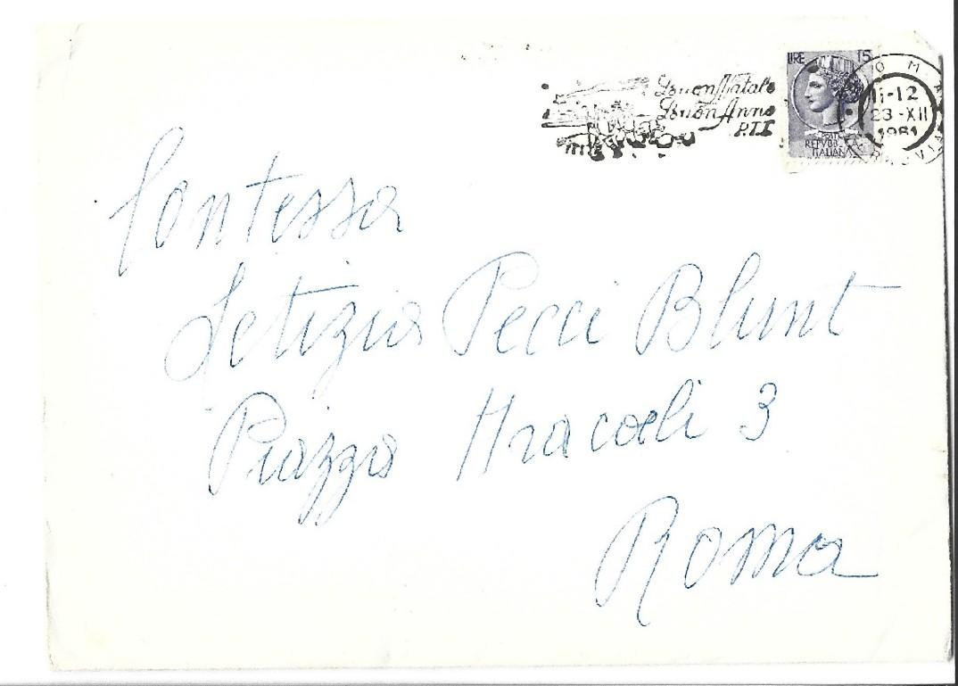 This Christmas Card by Andreina Pagnani is a wishing card (C.P.S. s.l.n.d.) to the Countess Anna Laetitia Pecci Blunt. 

Rome, December 23rd 1961.

12 x 15 cm. Perfect conditions, including original envelope. In Italian. 

Andreina Pagnani is a
