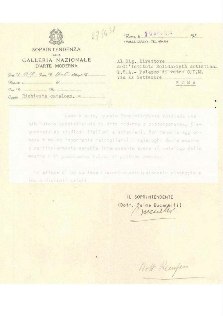 Letter by Palma Bucarelli - 1954