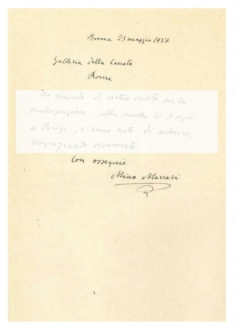 Lettera di Mino Maccari alla contessa Pecci Blunt, L.A.S. indirizzata alla contessa Pecci Blunt. Roma, 25 maggio 1937. Una pagina, 20 x 29 cm, in perfette condizioni.

Con questa lettera, Mino Maccari accetta di partecipare alla mostra di disegni a