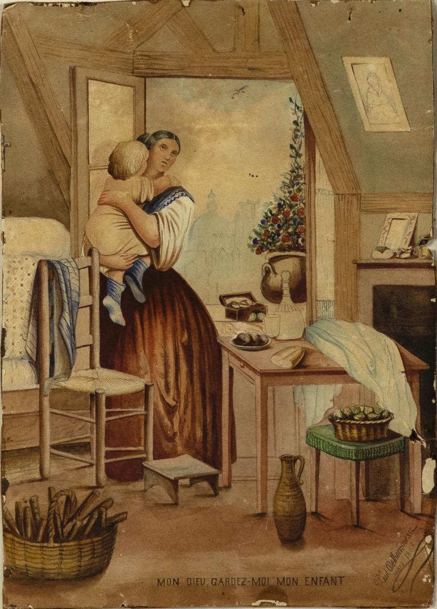 Mon dieu, gardez-moi mon enfant - Original Watercolor by Paul Delhommeau - 1868