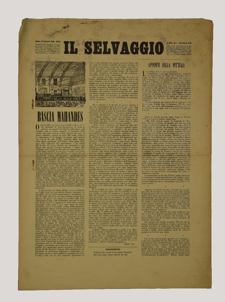 "Il Selvaggio XVIII", "Abbonamento annuale ai sostenitori - Giornale quindicinale di lettere arti e scienze", con stampe xilografiche originali dell'artista Mino Maccari.

Buone condizioni, a parte qualche foxing e qualche strappo.