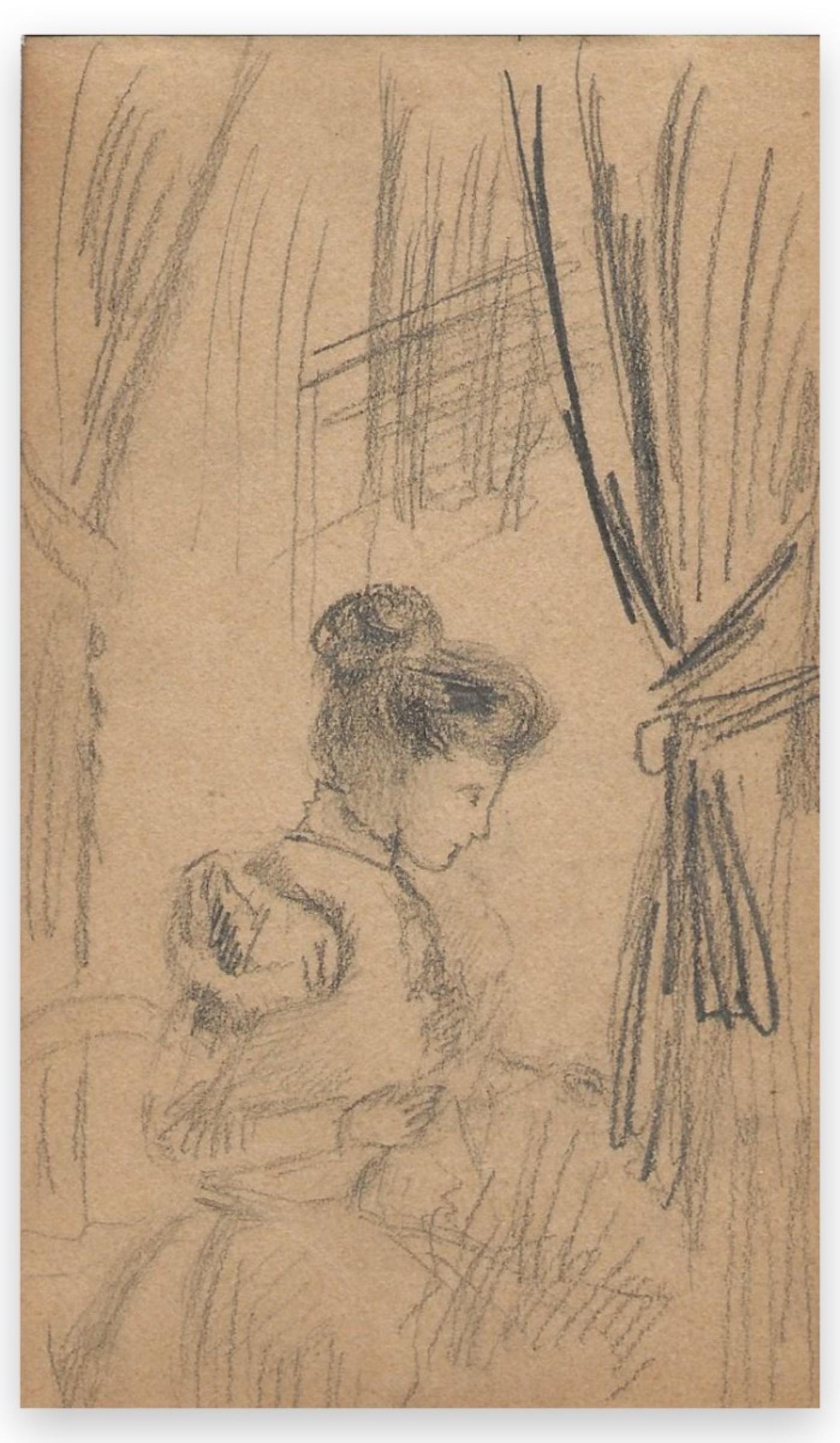 Portrait d'une femme - Dessin original au fusain  Début du XXe siècle