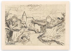 View of the Village in the Nature – Dorfansicht – Original Tinte von R. Fontene – Mitte des 20. Jahrhunderts