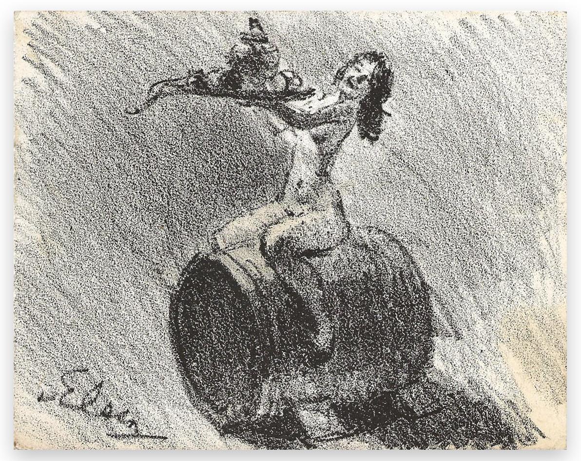 Theodore van Elsen Figurative Art - Naked Woman Sitting on Barrel-Pencil drawing by T. Van Elsen -Early 20th century