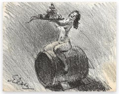 Naked Woman Sitting on Barrel-Pencil drawing by T. Van Elsen -Early 20th century