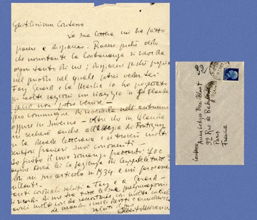 Anidar, una fachada. Con su sobre. 
Carta de saludo en la que el escritor comunica a la condesa la próxima publicación de una nueva novela.