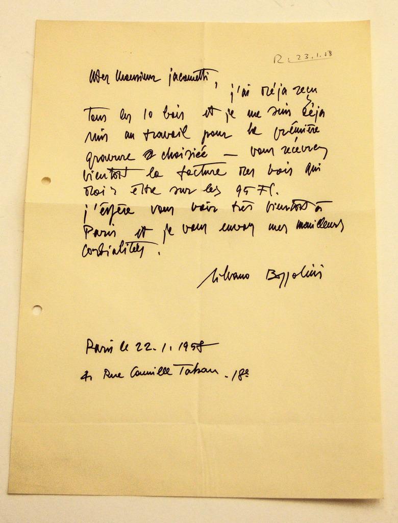 In the letter the painter Bozzolini (1911-1998), confirms Nesto Jacometti an invoice of 75 francs.