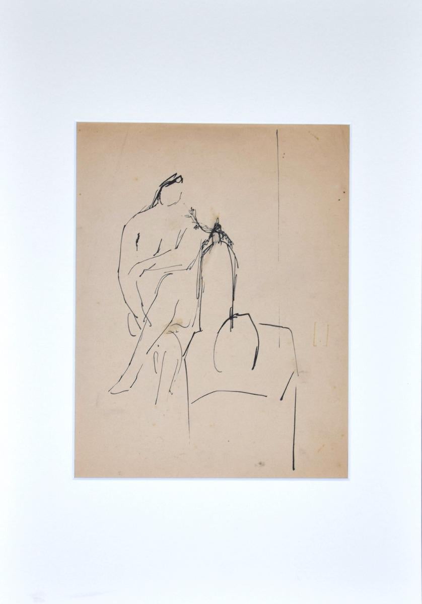 Female figure is a black China ink drawing by Herta Hausmann.

 Passepartout (49x34 cm). 

In Good condition, worn paper on the marginal line.

Atelier stamp on the back of the paper.