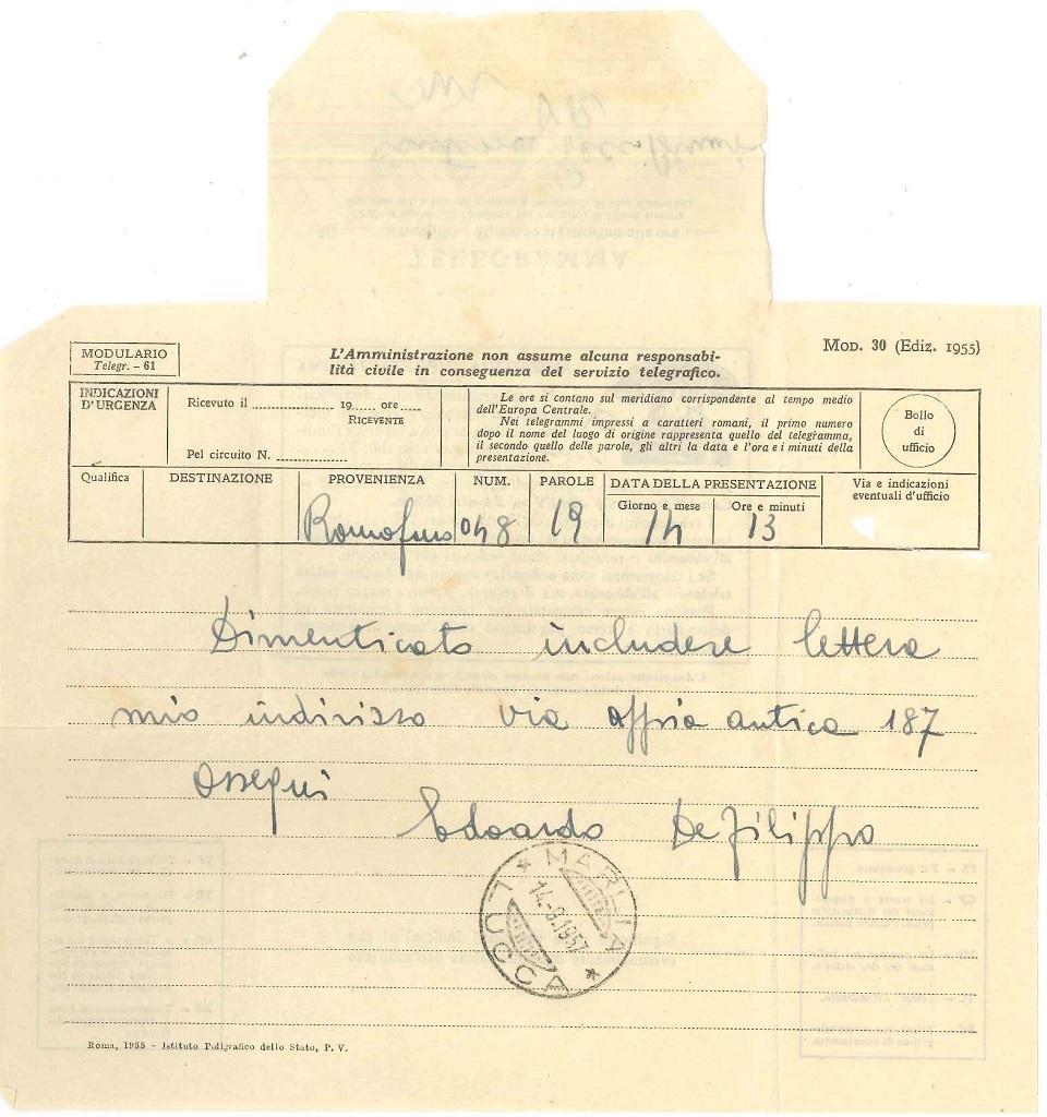 Telegram d'Eduardo De Filippo - Années 1950 en vente 1