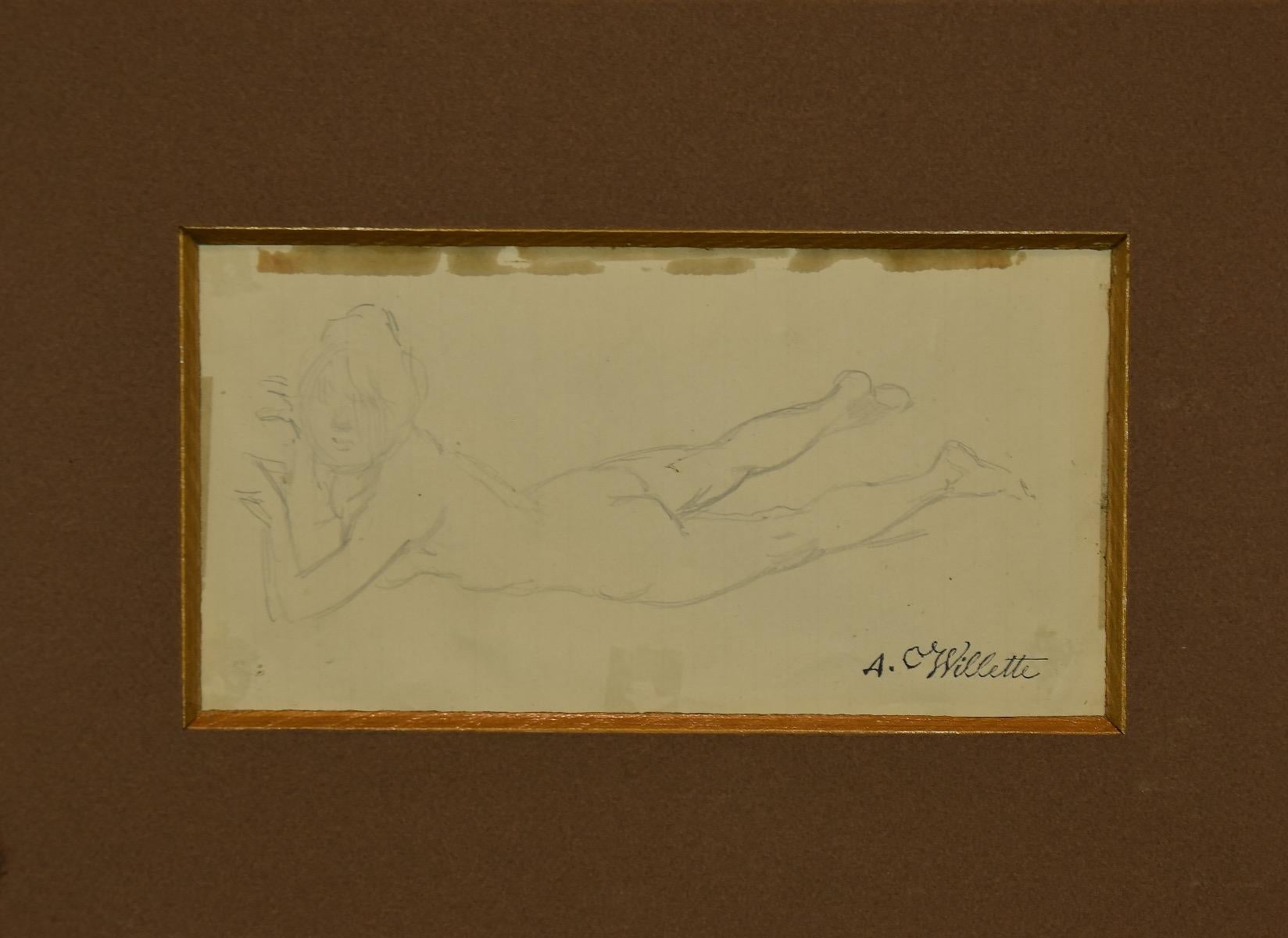 Nu de femme est un splendide dessin au crayon réalisé par Adolphe Léon Willette, un illustrateur, peintre, caricaturiste, lithographe et architecte français. L'état de conservation est très bon. 

En bas à droite, à la plume, se trouve