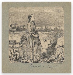 Femme dans la nature - dessin original de Ferdinand Lemud - 19ème siècle