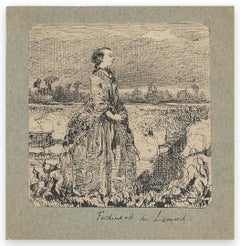 Woman in Nature – Originalzeichnung von Ferdinand Lemud – 19. Jahrhundert