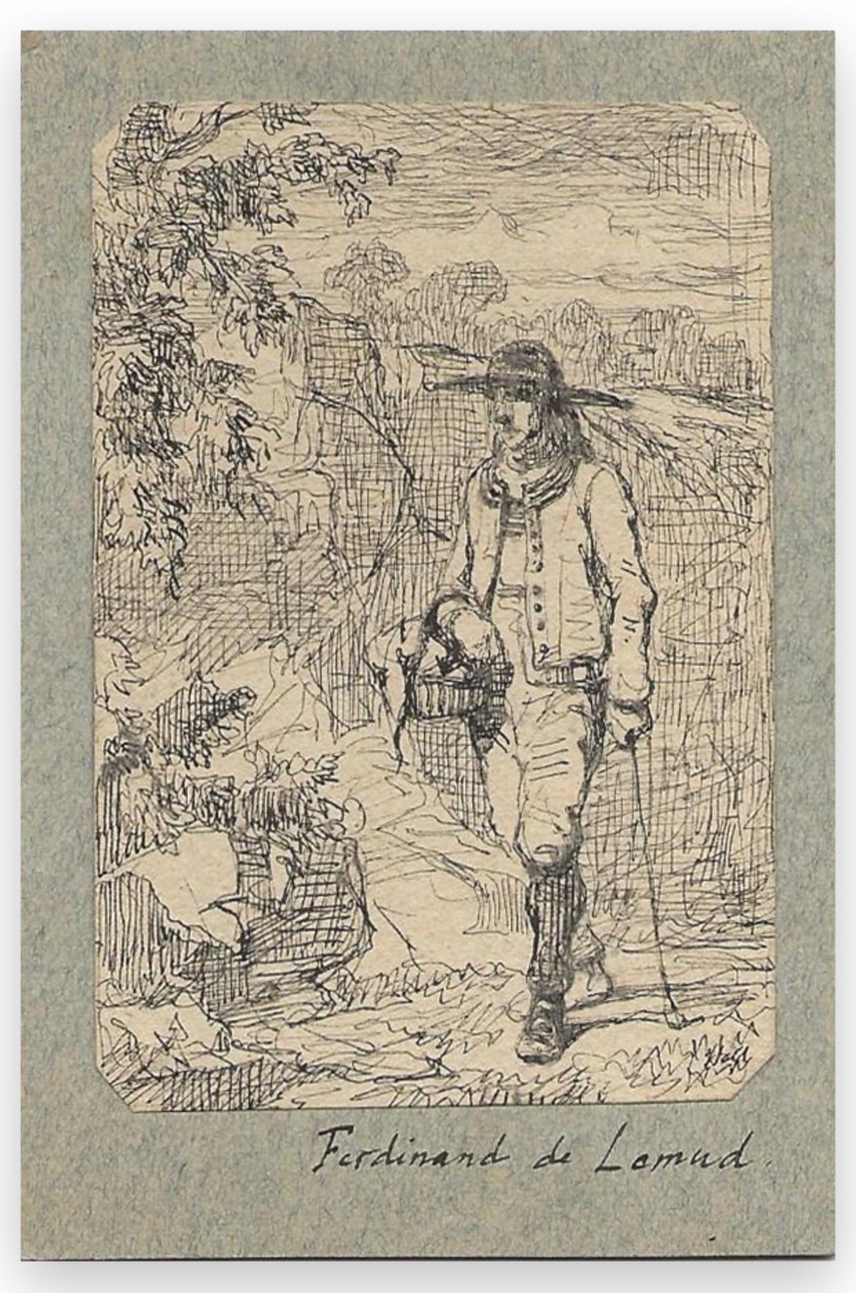 Man with a Basket - Original Drawing by Ferdinand Lemud - 19th Century