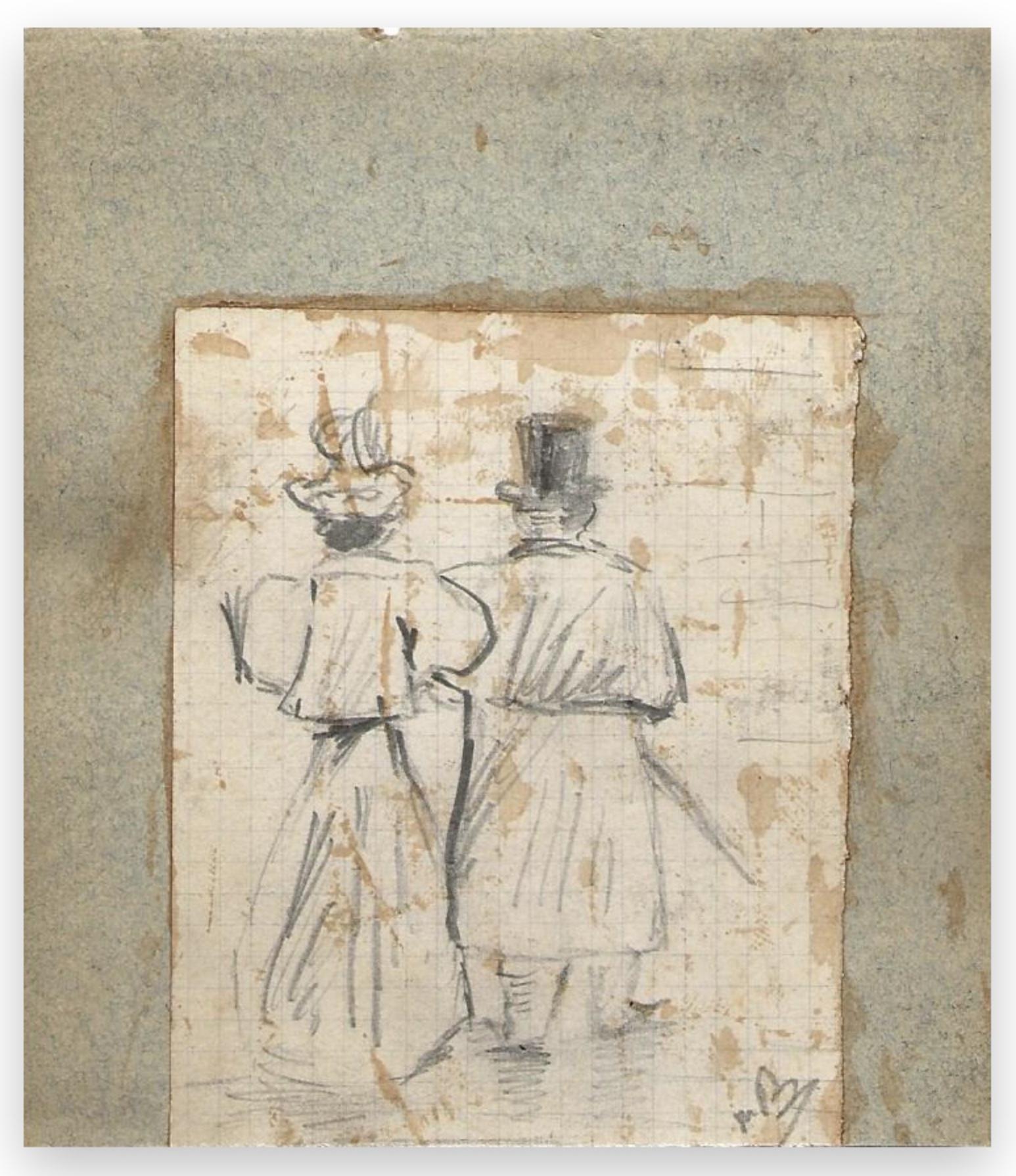 Etienne Omer Wauquier Figurative Art - Couple in Hat Walking from Behind - Pencil by Wauquier - Mid-19th Century