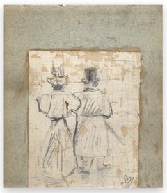 Couple in Hat Walking from Behind - Pencil by Wauquier - Mid-19th Century