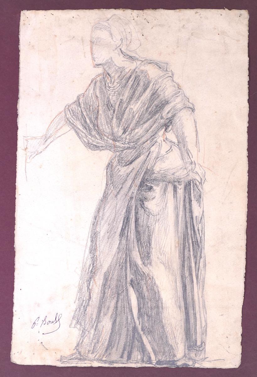 Figure is an original drawing in pencil with gray tip on ivory paper, realized by Paul Borel.

Good conditions except for minor cosmetic wear. Image Dimensions: 33.9 x 21.9 cm

Signed BORELL (behind written in pencil Paul Borell) Sheet pasted on