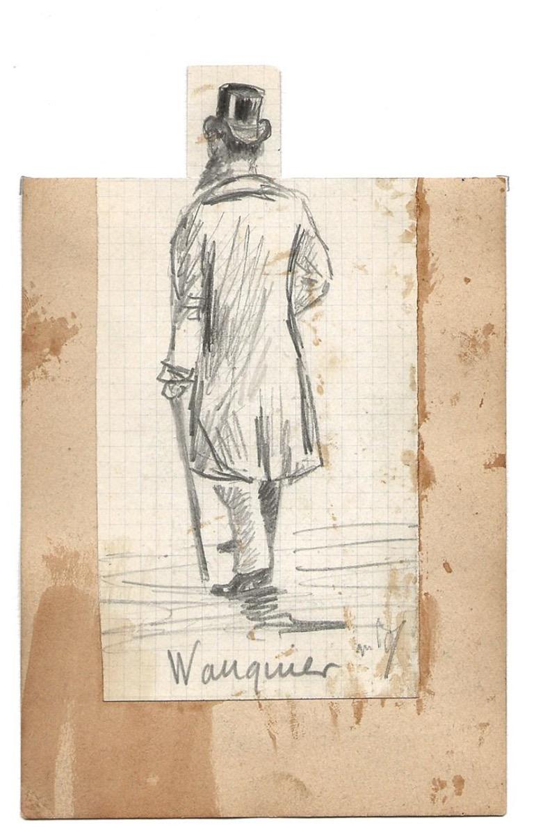 Hombre con sombrero - Dibujo original a lápiz de E. O. Wauquier - Mediados del siglo XIX