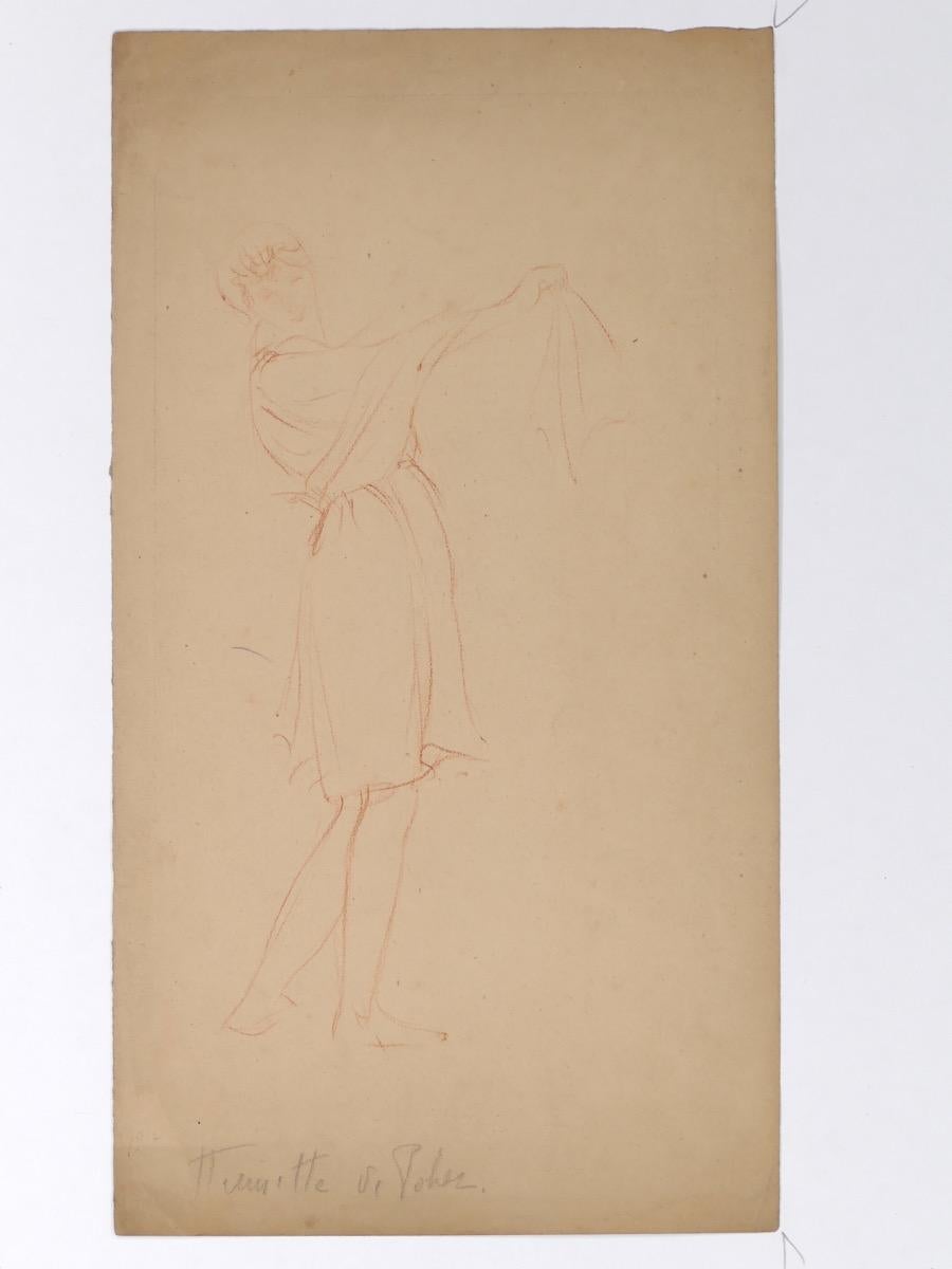 Figure is an original sanguine drawing on ivory paper, realized by Henri Lucien Detouche (1854-1913).

The state of preservation of the artwork is good.

Unsigned, annotated "Henriette de POHER".
