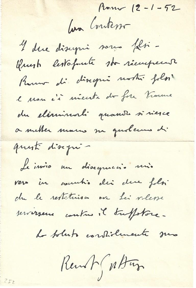 Lettre de Renato Guttuso sur la falsification est une lettre autographe signée par Renato Guttuso à la comtesse Anna Laetitia Pecci Blunt. Rome, 21 avril 1961. En italien. Sur papier ivoire et filigrané. En parfait état, enveloppe d'origine incluse.