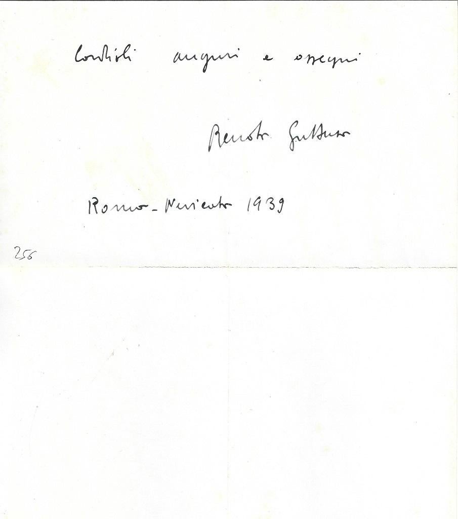 La carte de vœux de Noël de Guttuso est un autographe signé par Renato Guttuso à la comtesse Anna Laetitia Pecci Blunt. Rome, novembre 1939. En italien. Sur la couleur ivoire. Très bon état, sauf quelques signes mineurs de vieillissement, enveloppe