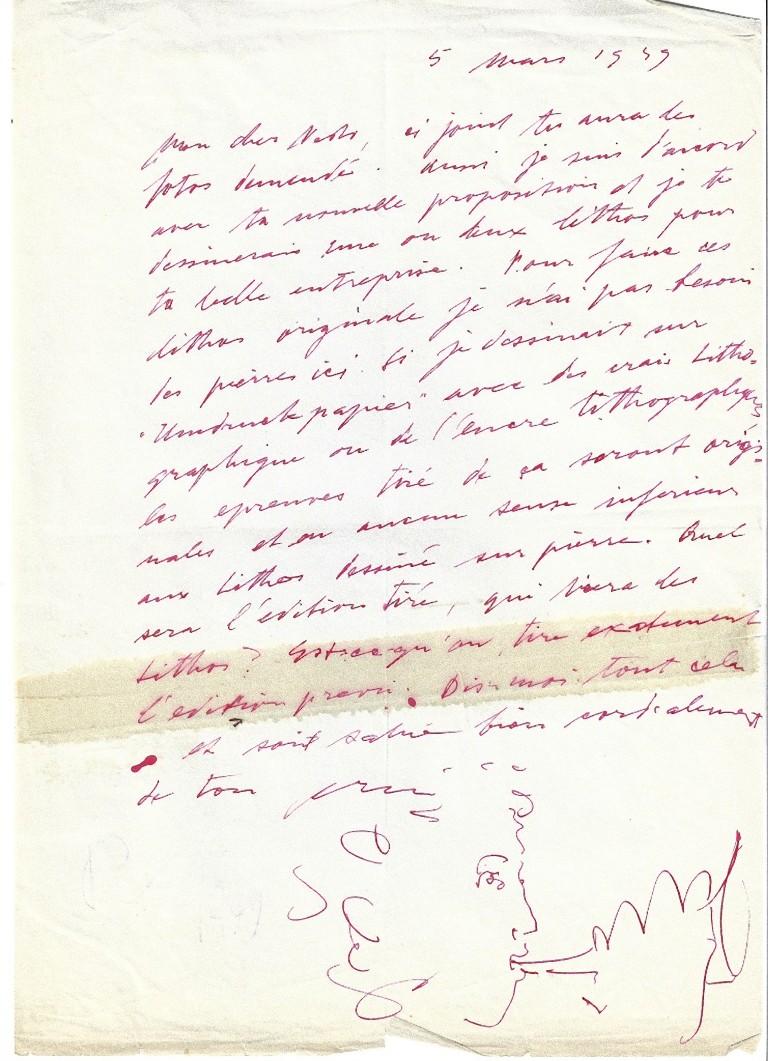 Lettre signée avec croquis original de Hans Erni - 1949