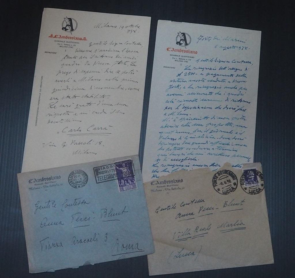 From Milan to Ny - Carra's Autographs is a superb set of two Autograph Letters Signed by Carlo Carrà to the Countess Anna Laetitia Pecci-Blunt. 1938. 
In Italian. 
On ivory colored paper and on letterhead "L'Ambrosiano / Giornale qutidiano". 
In