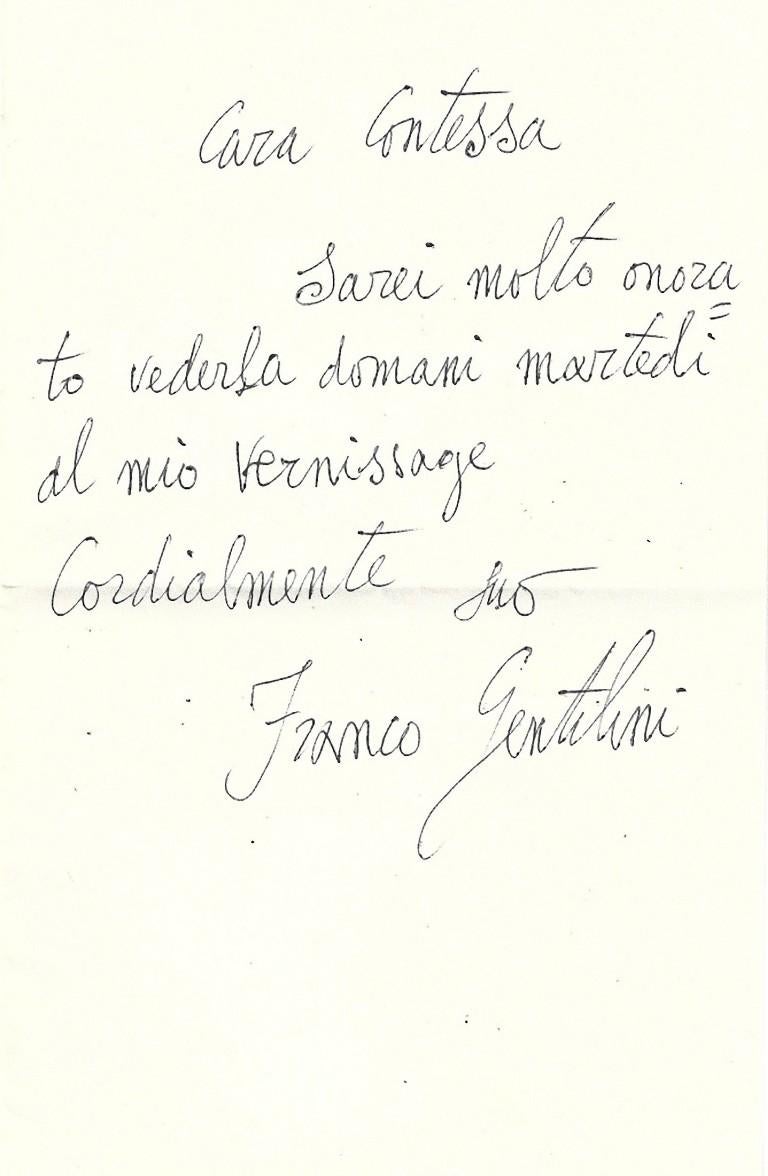 Dies ist eine Einladung Autograph Brief von Franco Gentilini an die Gräfin Anna Laetitia Pecci-Blunt unterzeichnet. 
Nicht datiert. Etwa 1950er Jahre.

Eine Seite, einseitig. Auf Italienisch.

Unter ausgezeichneten Bedingungen, abgesehen von der