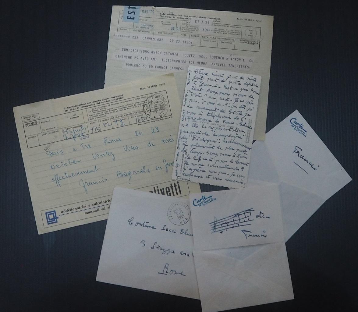 This is a unique Set of Autographs Signed by Francis Poulenc to the Countess Pecci- Blunt and written during 1959.

Including 5 items, In French, in very good conditions. Perfectly readable.

In details:
Autograph Postcard Signed. Bagnols en Fôret,