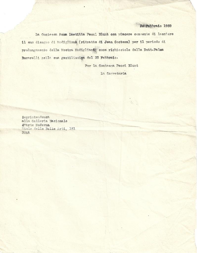 L'exposition Modigliani est un lot, composé de deux articles entre Palma Bucarelli et la Comtesse Pecci Blunt, concernant la prolongation de l'exposition de Modigliani à la Galerie Nationale d'Art Moderne de Rome en 1954, qui fut un succès.

En