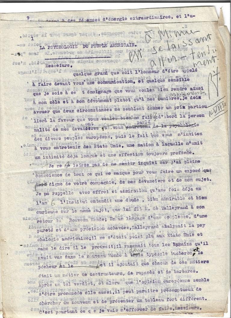 La Psychologie du Peuple Americain - Typewritten Speech by B. Fay - 1932 - Art by Bernard Fay